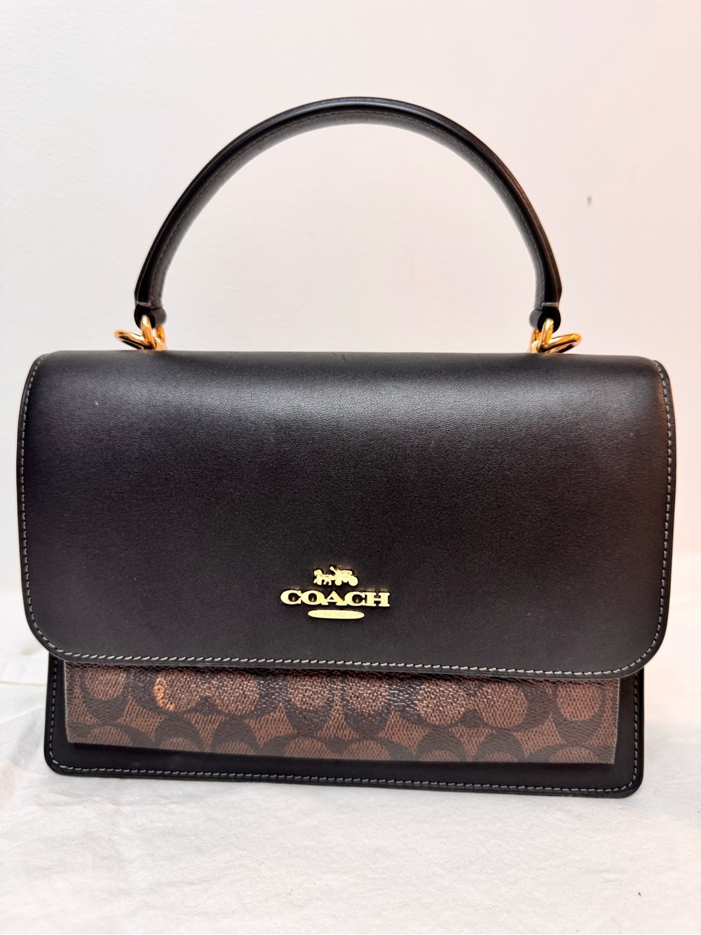 Coach Black Leather Top-Handle Satchel with Brown Signature Canvas